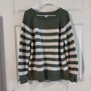 aerie Bistro Sweater, Olive Green Striped Oversized Crewneck Sweater 100% Cotton